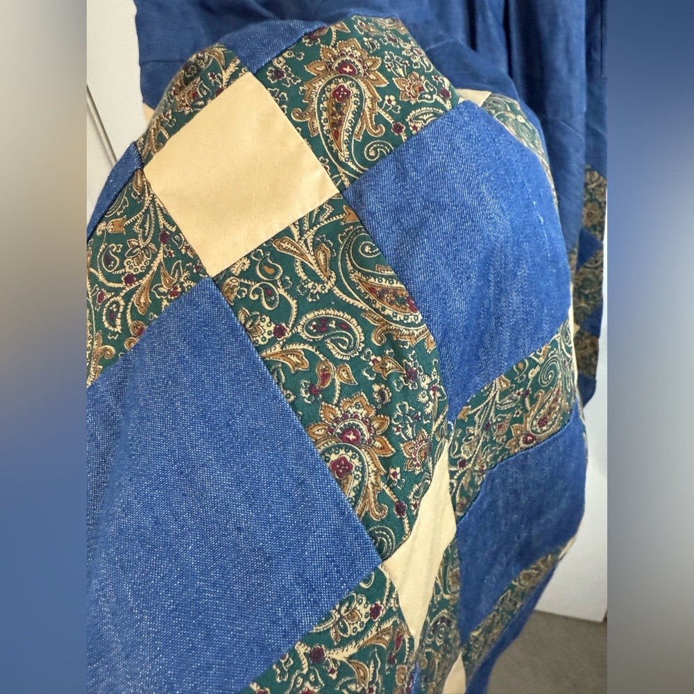 Vintage Chambray denim, paisley patchwork, elastic waistband maxi skirt S/M - Picture 3 of 6